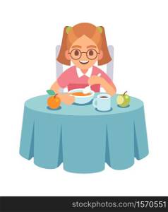 Girl eating dinner or lunch. Smiling toddler sits at table and eats soup with spoon, healthy food for children, flat vector cartoon isolated character. Girl eating dinner or lunch. Toddler sits at table and eats soup with spoon, healthy food for children, flat vector cartoon character