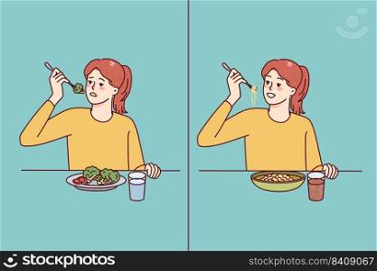 Girl eating healthy and unhealthy food. Child emotions with nutritional meal or fastfood. Children food and nutrition problems. Vector illustration. . Girl eating healthy and unhealthy food