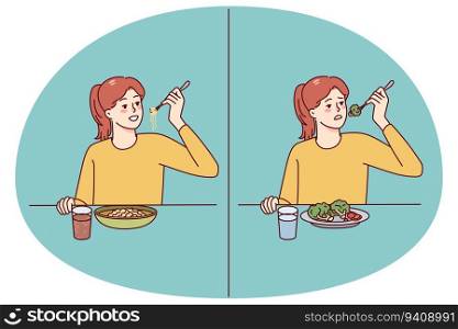Girl eating healthy and unhealthy food. Child emotions with nutritional meal or fastfood. Children food and nutrition problems. Vector illustration.. Girl eating healthy and unhealthy food