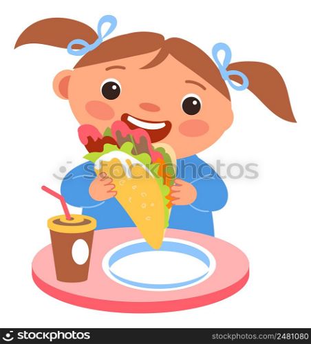 Girl eating healthy fast food. Kid breakfast isolated on white background. Girl eating healthy fast food. Kid breakfast