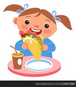 Girl eating healthy fast food. Kid breakfast isolated on white background. Girl eating healthy fast food. Kid breakfast
