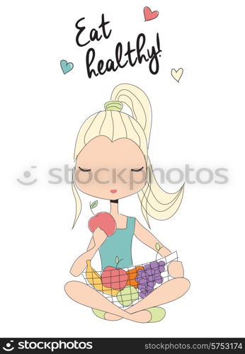 Girl eating healthy, holding a basket of fruit, vector illustration