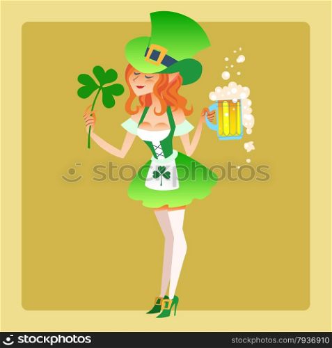 Girl elf green costume St. Patricks day with a beer and leaves of the Shamrock