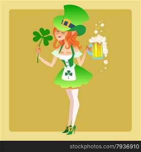 Girl elf green costume St. Patricks day with a beer and leaves of the Shamrock