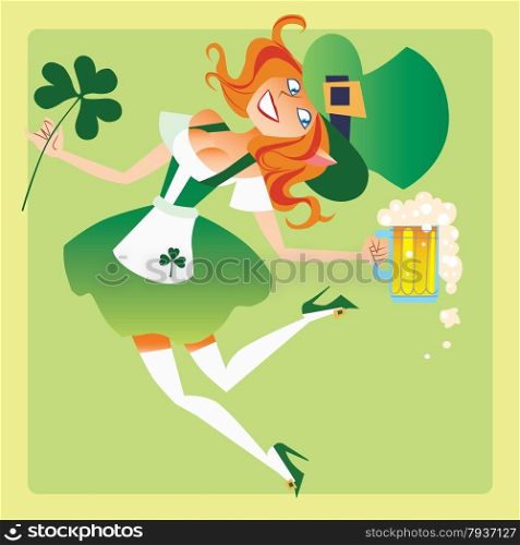Girl elf on the feast day of St. Patrick. Girl elf on the holiday of St. Patricks day with a beer and a Shamrock in his hand dancing