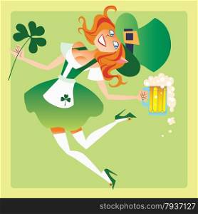Girl elf on the feast day of St. Patrick. Girl elf on the holiday of St. Patricks day with a beer and a Shamrock in his hand dancing