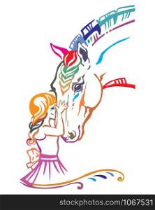 Girl embrace horse head , colorful decorative portrait in profile of girl and horse, vector isolated illustration in different colors on white background. Cartoon illustration for design and tattoo.