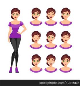 Girl Emotions Set. Girl emotions set of different facial expressions feelings and mood isolated vector illustration