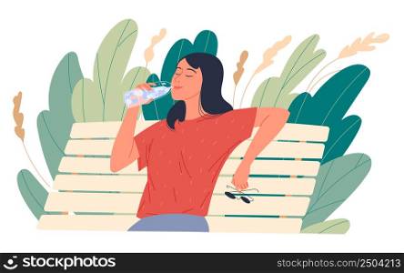 Girl enjoying drinking water while sitting on a park bench.. Girl enjoying drinking water while sitting on a park bench