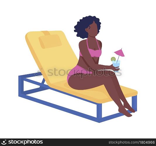 Girl enjoying tropical drink on beach semi flat color vector character. Full body person on white. Hanging out with cocktail isolated modern cartoon style illustration for graphic design and animation. Girl enjoying tropical drink on beach semi flat color vector character