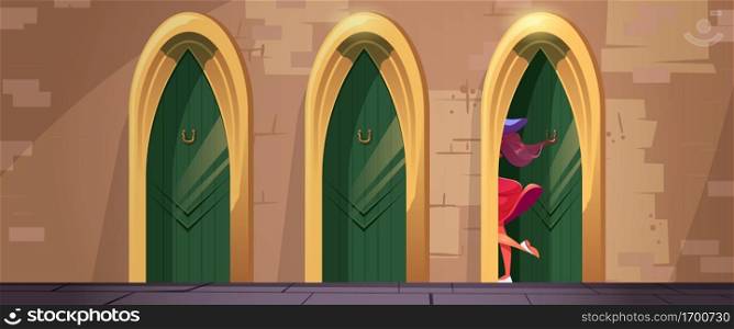 Girl enter into antique door, woman tourist visiting arabic country, choose way. Three fairy tale or medieval arched vintage entrances with green wooden and gold doorways, Cartoon vector illustration. Girl enter into antique door, woman tourist trip