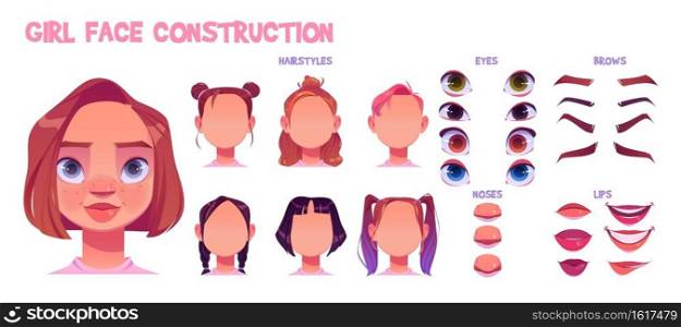 Girl face construction, avatar creation with different head parts isolated on white background. Vector cartoon set of young woman or child eyes, noses, brows and lips. Skin pack for face generator. Girl face construction, avatar creation with parts