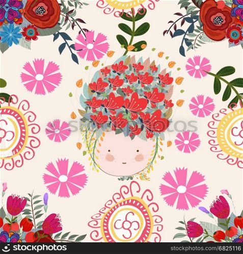 Girl face floral background pattern, flower, seamless