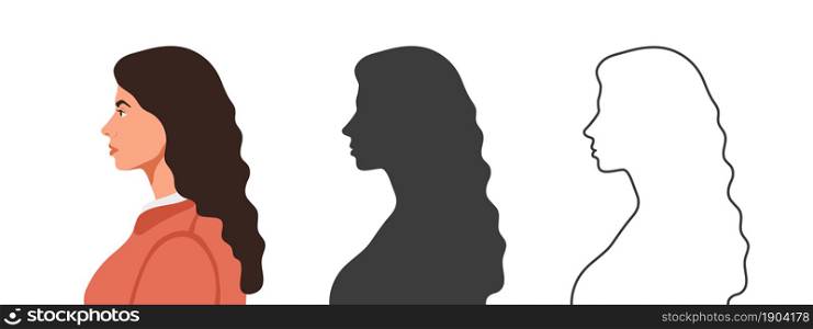 Girl face from the side. Silhouettes of people in three different styles. Profile of a Face. Vector illustration