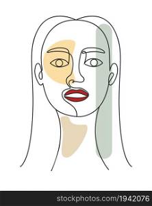 Girl face in minimal style, line art. Sketch of an abstract woman, front. Silhouette of an adult girl with bright lips and expressive face, vector illustration.. Girl face in minimal style, line art.