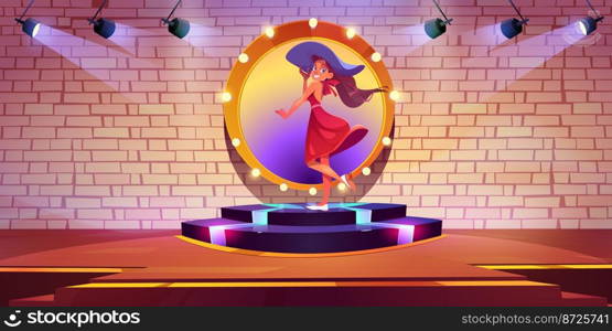 Girl fashion model standing on round podium. Stage for talent show, concert with beautiful woman in dress posing for photo or dance on platform, vector cartoon illustration. Girl fashion model standing on round podium