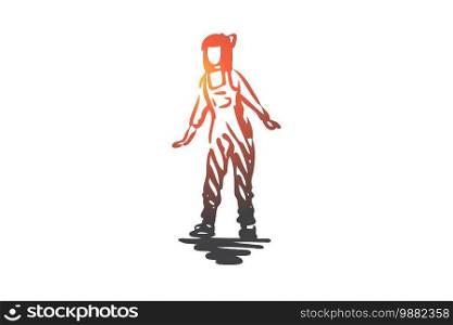 Girl, female, pose, woman, adult concept. Hand drawn woman dressed in overalls posing concept sketch. Isolated vector illustration.. Girl, female, pose, woman, adult concept. Hand drawn isolated vector.