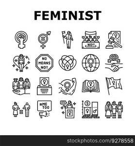 girl feminism female woman power icons set vector. feminist movement, protest equality, gender freedom, women fight, rights fist hand girl feminism female woman power black contour illustrations. girl feminism female woman power icons set vector