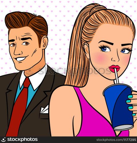 Girl flirtng with man. Sexy lady with drink and businessman pop art style vector illustration. Pop art girl flirtng with man