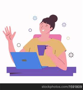 Girl freelancer works at a laptop and drinks from a mug. Work at home, freelance, distant work. Online education and chat with friends. Flat illustration isolated on a white background.