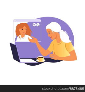 Girl friends chat online. Girl sitting in a chair in front of a laptop and speaks with friend. Video conference, online chat concept. Working or online meeting from home. Vector flat illustration.