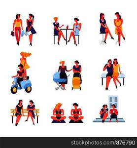 Girl friends have fun and leisure or sport activity together. Vector faceless young woman friendship on shopping or yoga, drink coffee in cafe or chat and riding scooter with baby children. Girl friends friendship vector leisure fun time