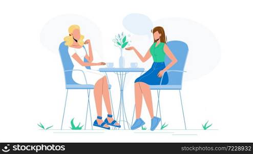 Girl Friends Talk And Drink Coffee In Cafe Vector. Young Woman Friends Sitting At Restaurant Table Talking And Drinking Hot Drinks. Characters Communication Flat Cartoon Illustration. Girl Friends Talk And Drink Coffee In Cafe Vector