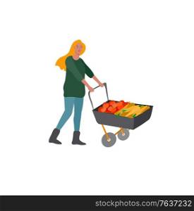Girl gathering crops or seasonal harvest, collecting ripe vegetables on trolley. Women work on a farm. Agricultural worker in autumn. Cartoon vector illustration. Girl gathering crops or seasonal harvest, collecting ripe vegetables on trolley. Women work on a farm. Agricultural worker in autumn. Cartoon vector