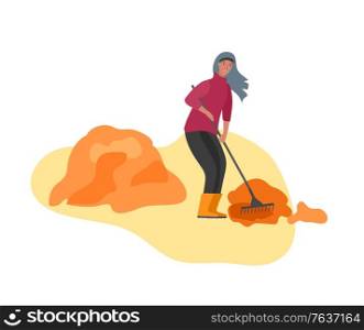 Girl gathering crops or seasonal harvest, remove leaves. Women work on a farm. Agricultural workers in autumn. Cartoon vector illustration. Girl gathering crops or seasonal harvest, remove leaves. Women work on a farm. Agricultural workers in autumn. Cartoon vector