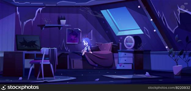 Girl ghost in old bedroom on attic at night. Vector cartoon interior of mansard room with broken furniture, mess and trash. Spooky illustration of dead child spirit in abandoned house. Girl ghost in old bedroom on attic at night
