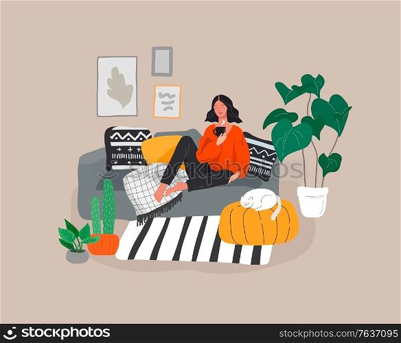 Girl girl sitting and resting on the couch with a cat and coffee. Daily life and everyday routine scene by young woman in scandinavian style cozy interior with homeplants. Cartoon vector illustration.. Girl girl sitting and resting on the couch with a cat and coffee. Daily life and everyday routine scene by young woman in scandinavian style cozy interior with homeplants. Cartoon vector