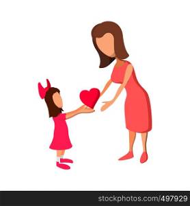 Girl giving a heart to her mother cartoon icon on a white background. Girl giving a heart to her mother cartoon icon