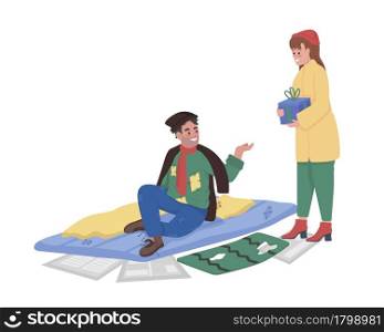 Girl giving gift to homeless person semi flat color vector characters. Full body people on white. Providing support isolated modern cartoon style illustration for graphic design and animation. Girl giving gift to homeless person semi flat color vector characters