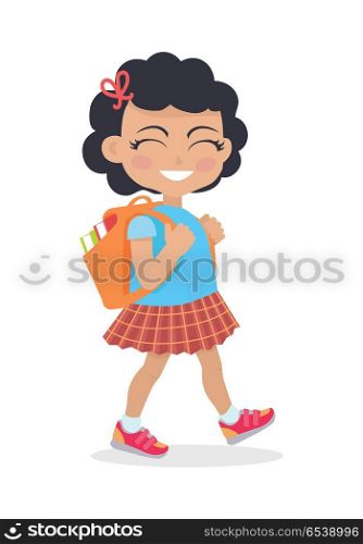 Girl Going in for School with Rucksack Isolated. Girl going in for school with rucksack isolated on white. Little girl goes to study office. School girl during break searching for classroom. Young lady at playground at break. Daily activity. Vector