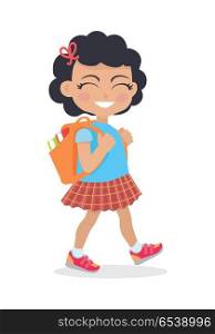 Girl Going in for School with Rucksack Isolated. Girl going in for school with rucksack isolated on white. Little girl goes to study office. School girl during break searching for classroom. Young lady at playground at break. Daily activity. Vector