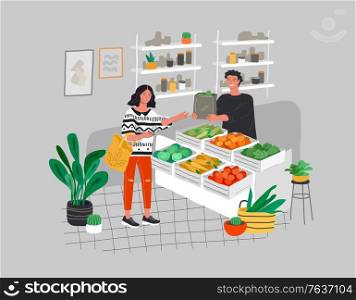 Girl grocery shopping healthy green eco food in a store or market. Daily life and everyday routine scene by young woman in scandinavian style cozy interior with homeplants. Cartoon vector illustration. Girl grocery shopping healthy green eco food in a store or market. Daily life and everyday routine scene by young woman in scandinavian style cozy interior with homeplants. Cartoon vector