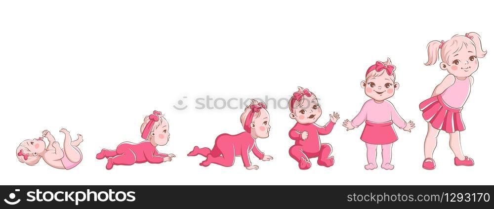 Girl growth process. Life cycle from newborn to preschool, stage development woman baby, child and healthy toddler crawling female vector cartoon character. Girl growth process. Life cycle from newborn to preschool, stage development woman baby, child crawling female vector cartoon character