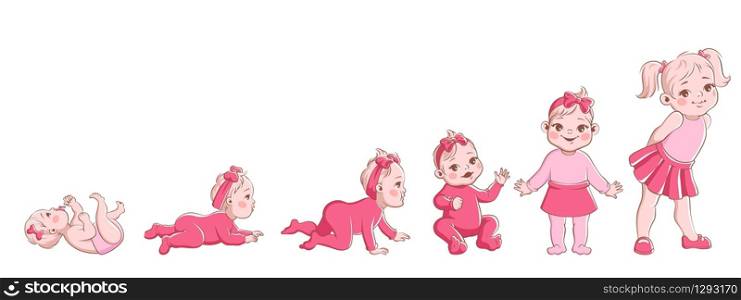 Girl growth process. Life cycle from newborn to preschool, stage development woman baby, child and healthy toddler crawling female vector cartoon character. Girl growth process. Life cycle from newborn to preschool, stage development woman baby, child crawling female vector cartoon character