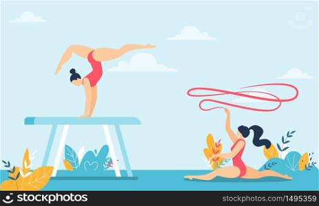 Girl Gymnast Sitting on Twine and Holding Ribbon in Hands. Young Woman Acrobat Doing Trick on Wooden Bars. Performance and Competition. Sport and Health. Vector Cartoon Flat Illustration. Gymnast Sit on Twine with Ribbon Acrobat Do Trick