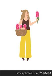 Girl happy to receive flowers on international holiday vector, isolated woman holding hyacinth in hands. Romantic gift on womens day floral present. Woman Holding Hyacinth Flowers in Woven Basket