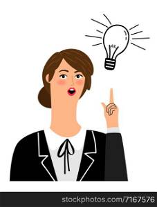 Girl has idea. Funny cartoon office girl creative pointing up vector illustration, business woman eureka thinking isolated on white background. Office girl has idea