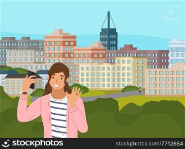 Girl has video conference on the phone, takes a selfie. Large city houses outside the window on the background. Female character with a smile on her face are waving her right hand vector illustration. The girl has a video conference on the phone. Large city houses outside the window on the background