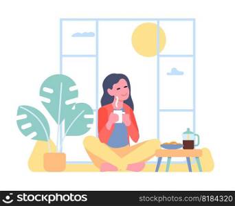 Girl having breakfast at home by window and enjoying warmth of sun. Woman relaxing in comfortable room. Cozy house. Happy morning. Person taking lunch. Smiling female drinking coffee. Vector concept. Girl having breakfast at home by window and enjoying warmth of sun. Woman relaxing in comfortable room. Happy morning. Person taking lunch. Smiling female drinking coffee. Vector concept