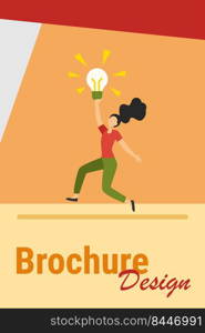 Girl having brilliant idea. Woman holding shining lightbulb and dancing flat vector illustration. Inspiration, finding, discovery concept for banner, website design or landing web page