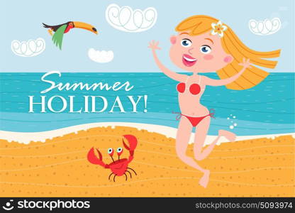 Girl having fun and dancing on the beach. Summer vacation! Vector illustration in flat style.