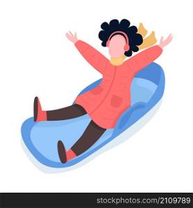 Girl having fun on sleigh semi flat color vector character. Sliding figure. Full body person on white. Winter activity isolated modern cartoon style illustration for graphic design and animation. Girl having fun on sleigh semi flat color vector character