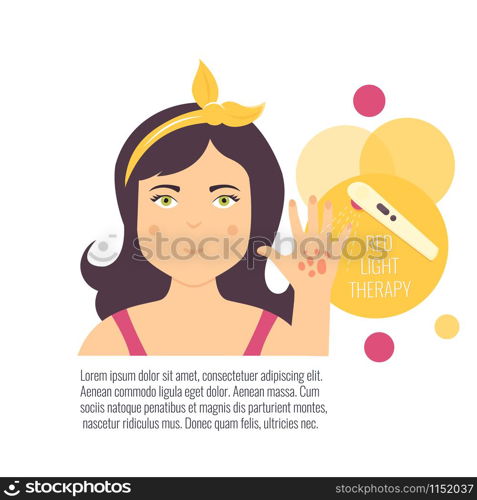 Girl having psoriasis. Red light therapy treatment. Cosmetology concept. Girl having psoriasis. Red light therapy treatment