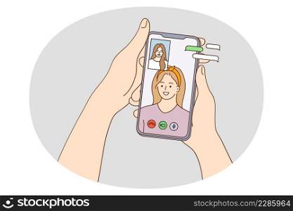 Girl hold smartphone in hands talk on video call with friend on gadget. Smiling woman have webcam virtual event or conference on cellphone. Technology, communication. Vector illustration. . Smiling girl speak on video call on cellphone 