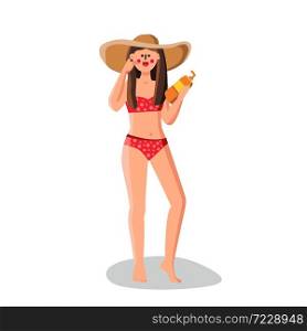 Girl Hold Sunblock Skin Care Cream Bottle Vector. Happy Smiling Young Woman Wearing Swimsuit And Hat Holding Sunblock Sun Protective Cosmetic Liquid. Character Flat Cartoon Illustration. Girl Hold Sunblock Skin Care Cream Bottle Vector