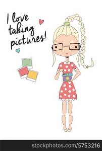 Girl holding a camera, taking pictures, vector illustration